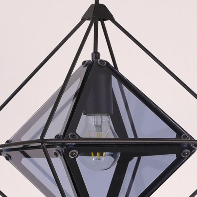 Black/Gold/Amber Glass 1-Light Drop Pendant Colonial Diamond Shape Ceiling Light Fixture with Exterior Iron Frame Clearhalo 'Ceiling Lights' 'Chandeliers' 'Glass shade' 'Glass' 'Pendant Lights' 'Pendants' Lighting' 256130