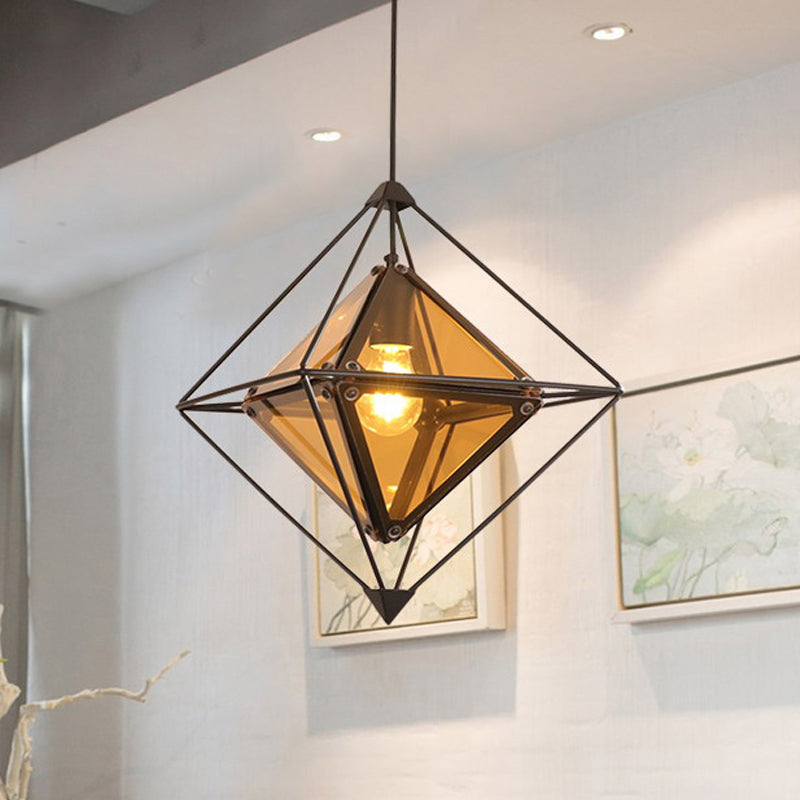 Black/Gold/Amber Glass 1-Light Drop Pendant Colonial Diamond Shape Ceiling Light Fixture with Exterior Iron Frame Amber Clearhalo 'Ceiling Lights' 'Chandeliers' 'Glass shade' 'Glass' 'Pendant Lights' 'Pendants' Lighting' 256131