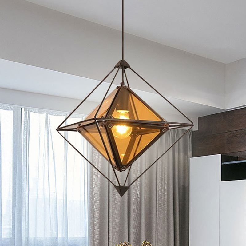 Black/Gold/Amber Glass 1-Light Drop Pendant Colonial Diamond Shape Ceiling Light Fixture with Exterior Iron Frame Clearhalo 'Ceiling Lights' 'Chandeliers' 'Glass shade' 'Glass' 'Pendant Lights' 'Pendants' Lighting' 256132