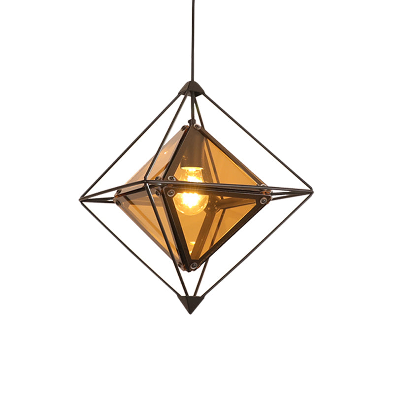 Black/Gold/Amber Glass 1-Light Drop Pendant Colonial Diamond Shape Ceiling Light Fixture with Exterior Iron Frame Clearhalo 'Ceiling Lights' 'Chandeliers' 'Glass shade' 'Glass' 'Pendant Lights' 'Pendants' Lighting' 256133