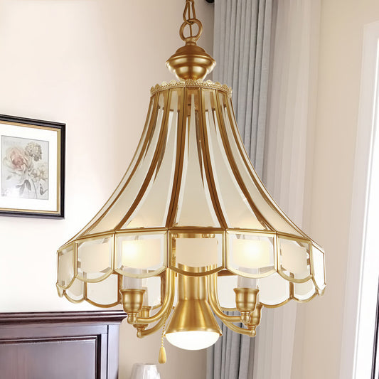 Frosted Glass Bell Chandelier Lamp Traditional 5-Light Brass Finish Suspension Lighting Brass Clearhalo 'Ceiling Lights' 'Chandeliers' 'Close To Ceiling Lights' 'Glass shade' 'Glass' Lighting' 256139