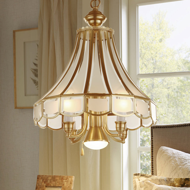 Frosted Glass Bell Chandelier Lamp Traditional 5-Light Brass Finish Suspension Lighting Clearhalo 'Ceiling Lights' 'Chandeliers' 'Close To Ceiling Lights' 'Glass shade' 'Glass' Lighting' 256140