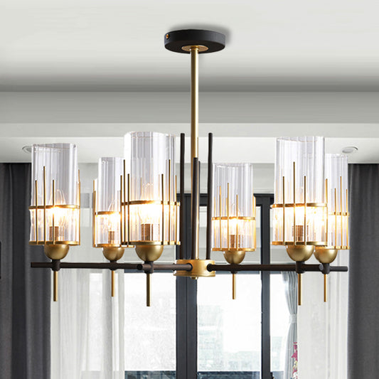 6-Head Black and Gold Chandelier Pendant Contemporary Triangular Prism Clear Glass Suspension Lamp Black-Gold Clearhalo 'Ceiling Lights' 'Chandeliers' 'Close To Ceiling Lights' 'Glass shade' 'Glass' Lighting' 256163
