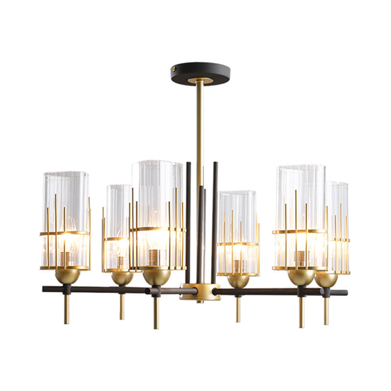 6-Head Black and Gold Chandelier Pendant Contemporary Triangular Prism Clear Glass Suspension Lamp Clearhalo 'Ceiling Lights' 'Chandeliers' 'Close To Ceiling Lights' 'Glass shade' 'Glass' Lighting' 256164