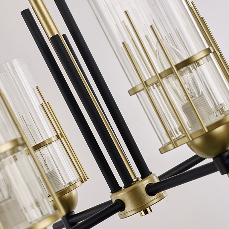 6-Head Black and Gold Chandelier Pendant Contemporary Triangular Prism Clear Glass Suspension Lamp Clearhalo 'Ceiling Lights' 'Chandeliers' 'Close To Ceiling Lights' 'Glass shade' 'Glass' Lighting' 256165