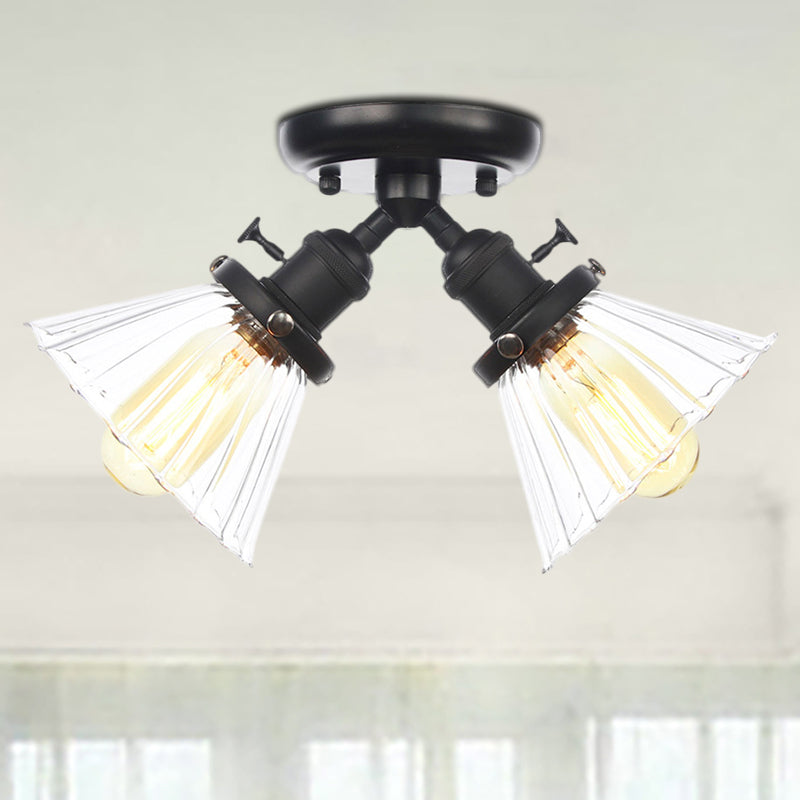 Cone Shade Bedroom Semi Mount Lighting Amber/Clear Glass 2 Heads Industrial Stylish Ceiling Flush Mount in Black/Bronze Black Clear Clearhalo 'Ceiling Lights' 'Close To Ceiling Lights' 'Close to ceiling' 'Glass shade' 'Glass' 'Pendant Lights' 'Semi-flushmount' Lighting' 256166