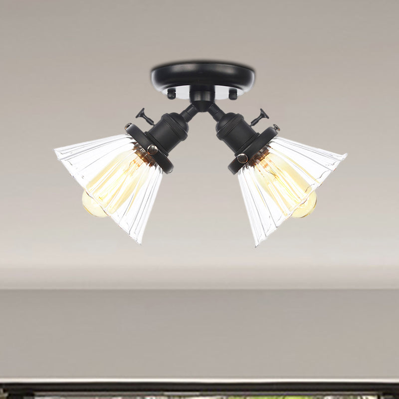 Cone Shade Bedroom Semi Mount Lighting Amber/Clear Glass 2 Heads Industrial Stylish Ceiling Flush Mount in Black/Bronze Clearhalo 'Ceiling Lights' 'Close To Ceiling Lights' 'Close to ceiling' 'Glass shade' 'Glass' 'Pendant Lights' 'Semi-flushmount' Lighting' 256167