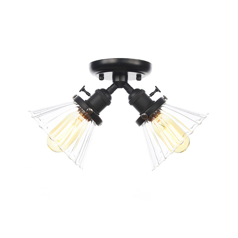 Cone Shade Bedroom Semi Mount Lighting Amber/Clear Glass 2 Heads Industrial Stylish Ceiling Flush Mount in Black/Bronze Clearhalo 'Ceiling Lights' 'Close To Ceiling Lights' 'Close to ceiling' 'Glass shade' 'Glass' 'Pendant Lights' 'Semi-flushmount' Lighting' 256168