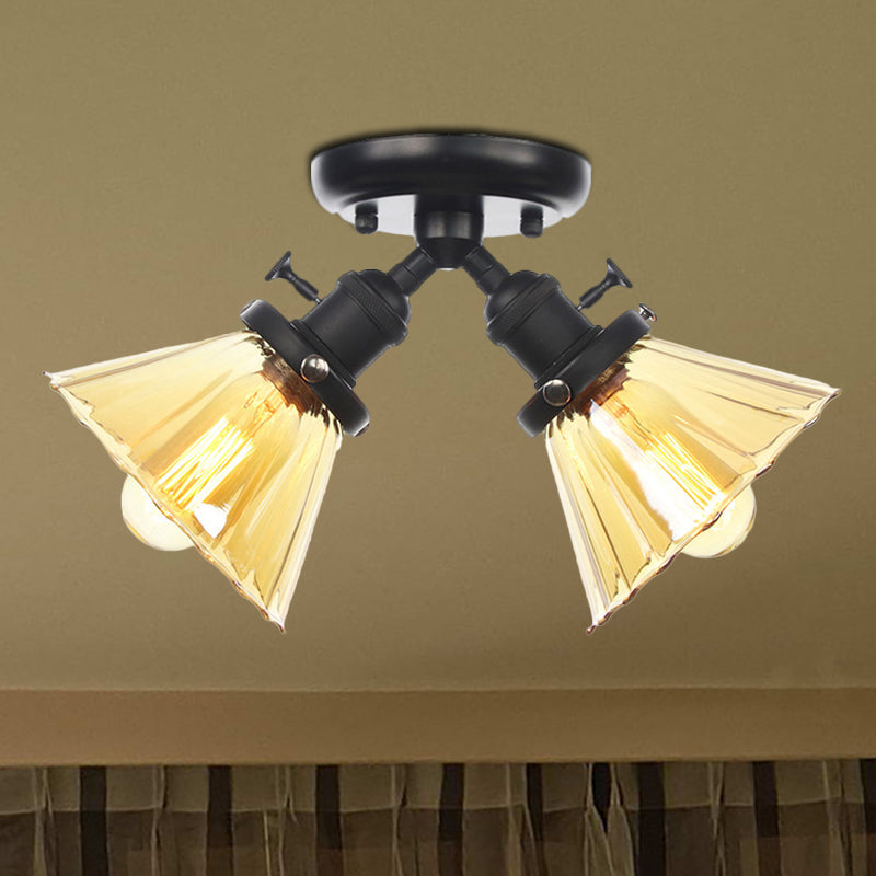 Cone Shade Bedroom Semi Mount Lighting Amber/Clear Glass 2 Heads Industrial Stylish Ceiling Flush Mount in Black/Bronze Clearhalo 'Ceiling Lights' 'Close To Ceiling Lights' 'Close to ceiling' 'Glass shade' 'Glass' 'Pendant Lights' 'Semi-flushmount' Lighting' 256169