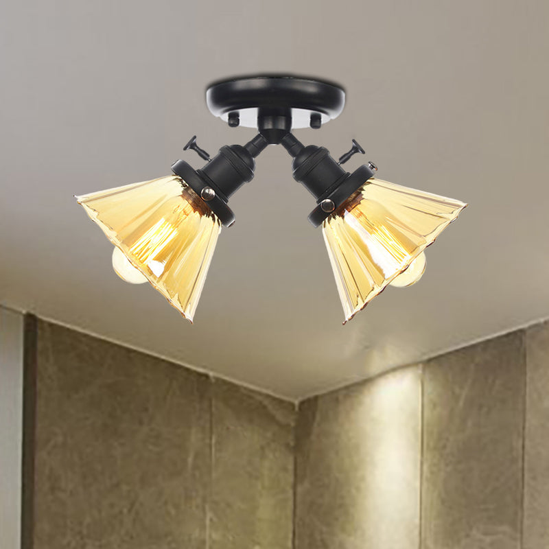 Cone Shade Bedroom Semi Mount Lighting Amber/Clear Glass 2 Heads Industrial Stylish Ceiling Flush Mount in Black/Bronze Black Amber Clearhalo 'Ceiling Lights' 'Close To Ceiling Lights' 'Close to ceiling' 'Glass shade' 'Glass' 'Pendant Lights' 'Semi-flushmount' Lighting' 256170