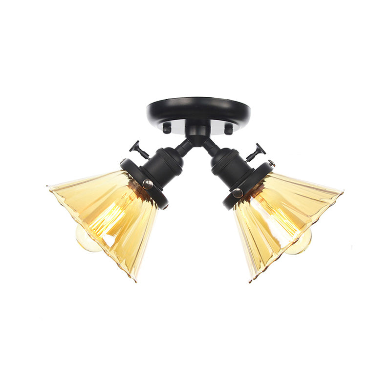 Cone Shade Bedroom Semi Mount Lighting Amber/Clear Glass 2 Heads Industrial Stylish Ceiling Flush Mount in Black/Bronze Clearhalo 'Ceiling Lights' 'Close To Ceiling Lights' 'Close to ceiling' 'Glass shade' 'Glass' 'Pendant Lights' 'Semi-flushmount' Lighting' 256171