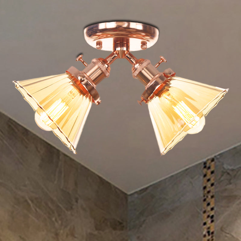 Cone Shade Bedroom Semi Mount Lighting Amber/Clear Glass 2 Heads Industrial Stylish Ceiling Flush Mount in Black/Bronze Rose Gold Amber Clearhalo 'Ceiling Lights' 'Close To Ceiling Lights' 'Close to ceiling' 'Glass shade' 'Glass' 'Pendant Lights' 'Semi-flushmount' Lighting' 256172