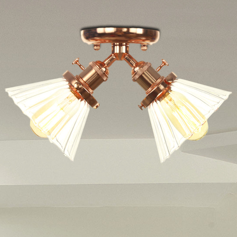 Cone Shade Bedroom Semi Mount Lighting Amber/Clear Glass 2 Heads Industrial Stylish Ceiling Flush Mount in Black/Bronze Rose Gold Clear Clearhalo 'Ceiling Lights' 'Close To Ceiling Lights' 'Close to ceiling' 'Glass shade' 'Glass' 'Pendant Lights' 'Semi-flushmount' Lighting' 256175