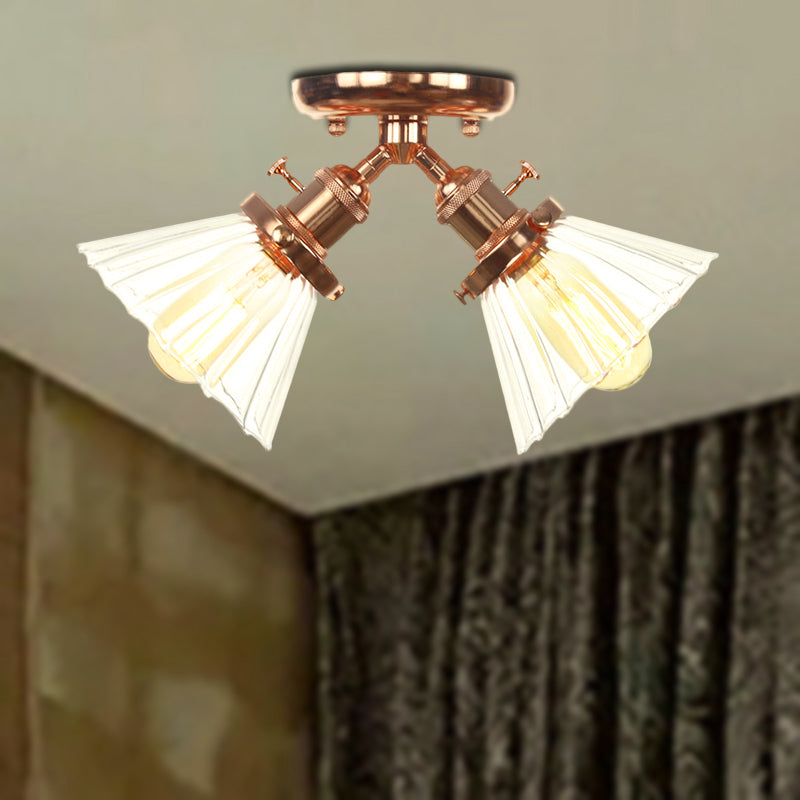 Cone Shade Bedroom Semi Mount Lighting Amber/Clear Glass 2 Heads Industrial Stylish Ceiling Flush Mount in Black/Bronze Clearhalo 'Ceiling Lights' 'Close To Ceiling Lights' 'Close to ceiling' 'Glass shade' 'Glass' 'Pendant Lights' 'Semi-flushmount' Lighting' 256176
