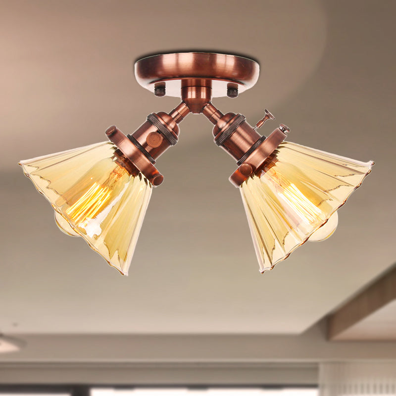 Cone Shade Bedroom Semi Mount Lighting Amber/Clear Glass 2 Heads Industrial Stylish Ceiling Flush Mount in Black/Bronze Copper Amber Clearhalo 'Ceiling Lights' 'Close To Ceiling Lights' 'Close to ceiling' 'Glass shade' 'Glass' 'Pendant Lights' 'Semi-flushmount' Lighting' 256179