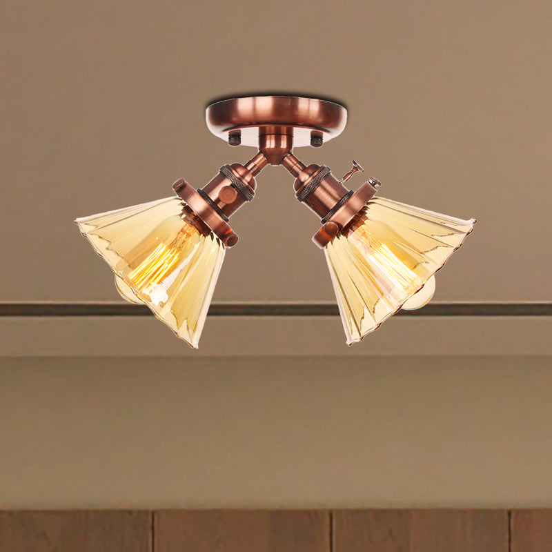 Cone Shade Bedroom Semi Mount Lighting Amber/Clear Glass 2 Heads Industrial Stylish Ceiling Flush Mount in Black/Bronze Clearhalo 'Ceiling Lights' 'Close To Ceiling Lights' 'Close to ceiling' 'Glass shade' 'Glass' 'Pendant Lights' 'Semi-flushmount' Lighting' 256180