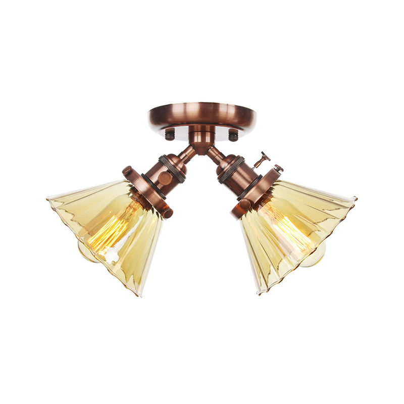 Cone Shade Bedroom Semi Mount Lighting Amber/Clear Glass 2 Heads Industrial Stylish Ceiling Flush Mount in Black/Bronze Clearhalo 'Ceiling Lights' 'Close To Ceiling Lights' 'Close to ceiling' 'Glass shade' 'Glass' 'Pendant Lights' 'Semi-flushmount' Lighting' 256181