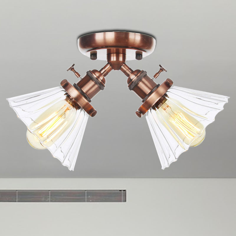 Cone Shade Bedroom Semi Mount Lighting Amber/Clear Glass 2 Heads Industrial Stylish Ceiling Flush Mount in Black/Bronze Copper Clear Clearhalo 'Ceiling Lights' 'Close To Ceiling Lights' 'Close to ceiling' 'Glass shade' 'Glass' 'Pendant Lights' 'Semi-flushmount' Lighting' 256182