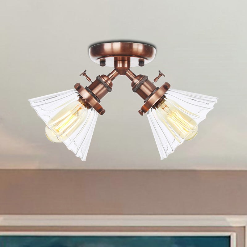 Cone Shade Bedroom Semi Mount Lighting Amber/Clear Glass 2 Heads Industrial Stylish Ceiling Flush Mount in Black/Bronze Clearhalo 'Ceiling Lights' 'Close To Ceiling Lights' 'Close to ceiling' 'Glass shade' 'Glass' 'Pendant Lights' 'Semi-flushmount' Lighting' 256183