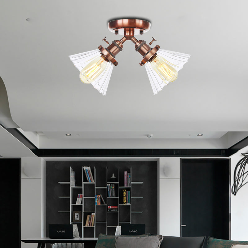 Cone Shade Bedroom Semi Mount Lighting Amber/Clear Glass 2 Heads Industrial Stylish Ceiling Flush Mount in Black/Bronze Clearhalo 'Ceiling Lights' 'Close To Ceiling Lights' 'Close to ceiling' 'Glass shade' 'Glass' 'Pendant Lights' 'Semi-flushmount' Lighting' 256184