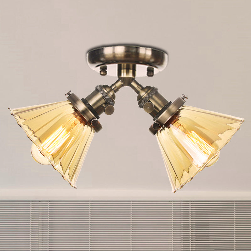 Cone Shade Bedroom Semi Mount Lighting Amber/Clear Glass 2 Heads Industrial Stylish Ceiling Flush Mount in Black/Bronze Bronze Amber Clearhalo 'Ceiling Lights' 'Close To Ceiling Lights' 'Close to ceiling' 'Glass shade' 'Glass' 'Pendant Lights' 'Semi-flushmount' Lighting' 256186