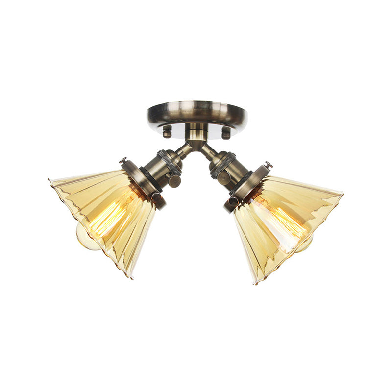 Cone Shade Bedroom Semi Mount Lighting Amber/Clear Glass 2 Heads Industrial Stylish Ceiling Flush Mount in Black/Bronze Clearhalo 'Ceiling Lights' 'Close To Ceiling Lights' 'Close to ceiling' 'Glass shade' 'Glass' 'Pendant Lights' 'Semi-flushmount' Lighting' 256188