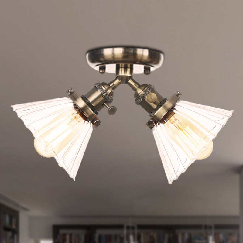 Cone Shade Bedroom Semi Mount Lighting Amber/Clear Glass 2 Heads Industrial Stylish Ceiling Flush Mount in Black/Bronze Bronze Clear Clearhalo 'Ceiling Lights' 'Close To Ceiling Lights' 'Close to ceiling' 'Glass shade' 'Glass' 'Pendant Lights' 'Semi-flushmount' Lighting' 256189