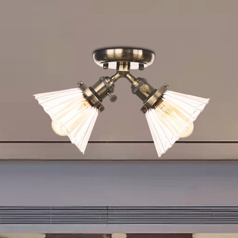 Cone Shade Bedroom Semi Mount Lighting Amber/Clear Glass 2 Heads Industrial Stylish Ceiling Flush Mount in Black/Bronze Clearhalo 'Ceiling Lights' 'Close To Ceiling Lights' 'Close to ceiling' 'Glass shade' 'Glass' 'Pendant Lights' 'Semi-flushmount' Lighting' 256190