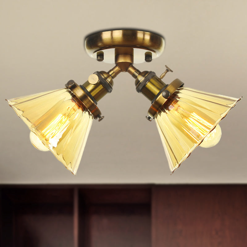 Cone Shade Bedroom Semi Mount Lighting Amber/Clear Glass 2 Heads Industrial Stylish Ceiling Flush Mount in Black/Bronze Brass Amber Clearhalo 'Ceiling Lights' 'Close To Ceiling Lights' 'Close to ceiling' 'Glass shade' 'Glass' 'Pendant Lights' 'Semi-flushmount' Lighting' 256192