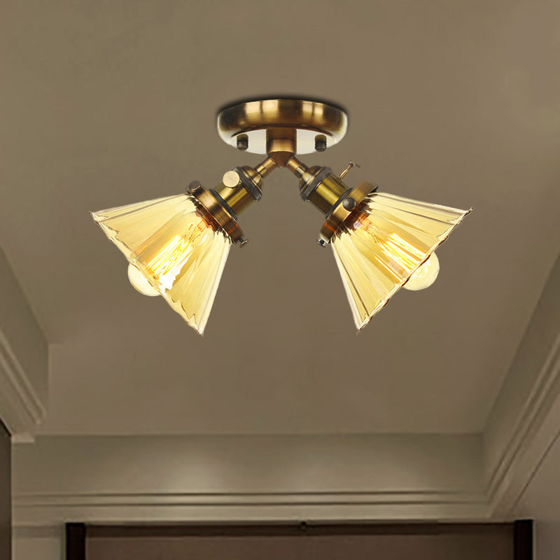 Cone Shade Bedroom Semi Mount Lighting Amber/Clear Glass 2 Heads Industrial Stylish Ceiling Flush Mount in Black/Bronze Clearhalo 'Ceiling Lights' 'Close To Ceiling Lights' 'Close to ceiling' 'Glass shade' 'Glass' 'Pendant Lights' 'Semi-flushmount' Lighting' 256193