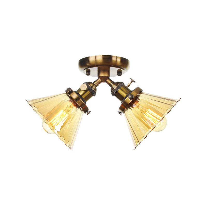 Cone Shade Bedroom Semi Mount Lighting Amber/Clear Glass 2 Heads Industrial Stylish Ceiling Flush Mount in Black/Bronze Clearhalo 'Ceiling Lights' 'Close To Ceiling Lights' 'Close to ceiling' 'Glass shade' 'Glass' 'Pendant Lights' 'Semi-flushmount' Lighting' 256195