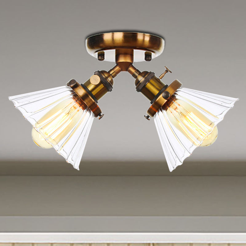 Cone Shade Bedroom Semi Mount Lighting Amber/Clear Glass 2 Heads Industrial Stylish Ceiling Flush Mount in Black/Bronze Brass Clear Clearhalo 'Ceiling Lights' 'Close To Ceiling Lights' 'Close to ceiling' 'Glass shade' 'Glass' 'Pendant Lights' 'Semi-flushmount' Lighting' 256196