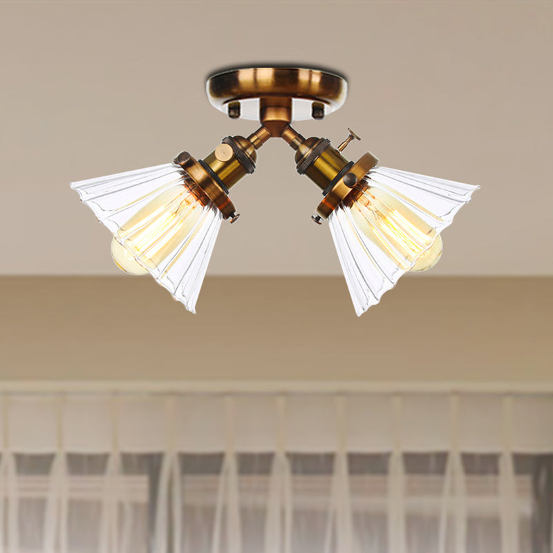 Cone Shade Bedroom Semi Mount Lighting Amber/Clear Glass 2 Heads Industrial Stylish Ceiling Flush Mount in Black/Bronze Clearhalo 'Ceiling Lights' 'Close To Ceiling Lights' 'Close to ceiling' 'Glass shade' 'Glass' 'Pendant Lights' 'Semi-flushmount' Lighting' 256197
