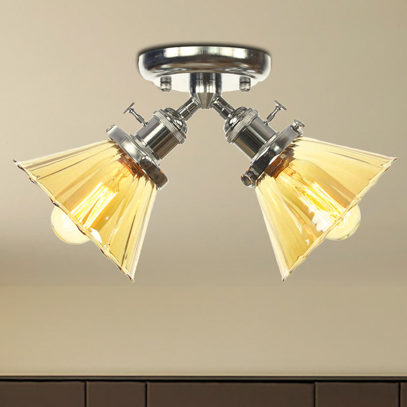 Cone Shade Bedroom Semi Mount Lighting Amber/Clear Glass 2 Heads Industrial Stylish Ceiling Flush Mount in Black/Bronze Chrome Amber Clearhalo 'Ceiling Lights' 'Close To Ceiling Lights' 'Close to ceiling' 'Glass shade' 'Glass' 'Pendant Lights' 'Semi-flushmount' Lighting' 256199