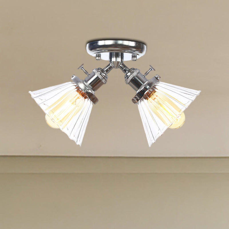 Cone Shade Bedroom Semi Mount Lighting Amber/Clear Glass 2 Heads Industrial Stylish Ceiling Flush Mount in Black/Bronze Clearhalo 'Ceiling Lights' 'Close To Ceiling Lights' 'Close to ceiling' 'Glass shade' 'Glass' 'Pendant Lights' 'Semi-flushmount' Lighting' 256203