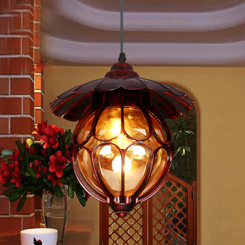 Farmhouse Globe Pendant Light 1 Light Amber Glass Suspension Lamp in Copper with Scalloped Deco Clearhalo 'Ceiling Lights' 'Close To Ceiling Lights' 'Glass shade' 'Glass' 'Pendant Lights' 'Pendants' Lighting' 256209