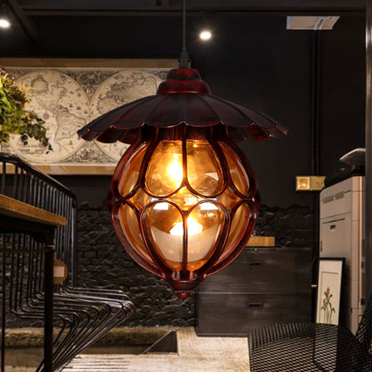 Farmhouse Globe Pendant Light 1 Light Amber Glass Suspension Lamp in Copper with Scalloped Deco Copper Clearhalo 'Ceiling Lights' 'Close To Ceiling Lights' 'Glass shade' 'Glass' 'Pendant Lights' 'Pendants' Lighting' 256210
