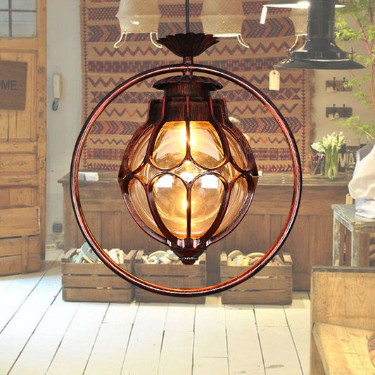 1 Light Suspension Lamp Rustic Globe Amber Glass Hanging Pendant Light in Copper with Iron Ring Copper Clearhalo 'Ceiling Lights' 'Close To Ceiling Lights' 'Glass shade' 'Glass' 'Pendant Lights' 'Pendants' Lighting' 256224