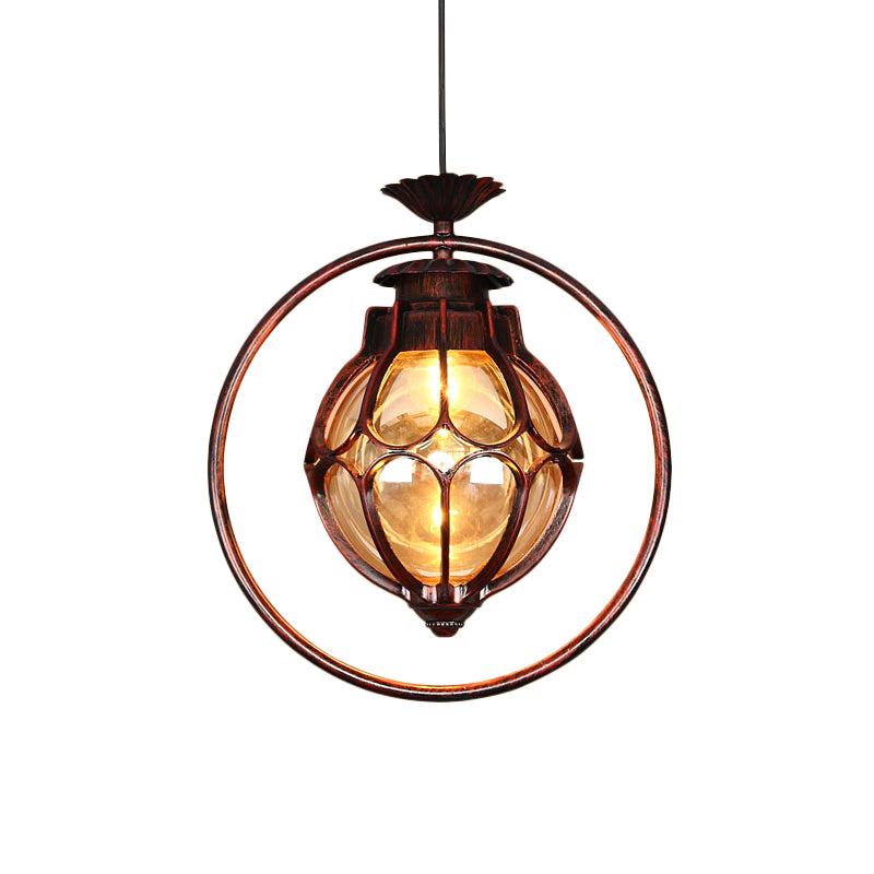 1 Light Suspension Lamp Rustic Globe Amber Glass Hanging Pendant Light in Copper with Iron Ring Clearhalo 'Ceiling Lights' 'Close To Ceiling Lights' 'Glass shade' 'Glass' 'Pendant Lights' 'Pendants' Lighting' 256226