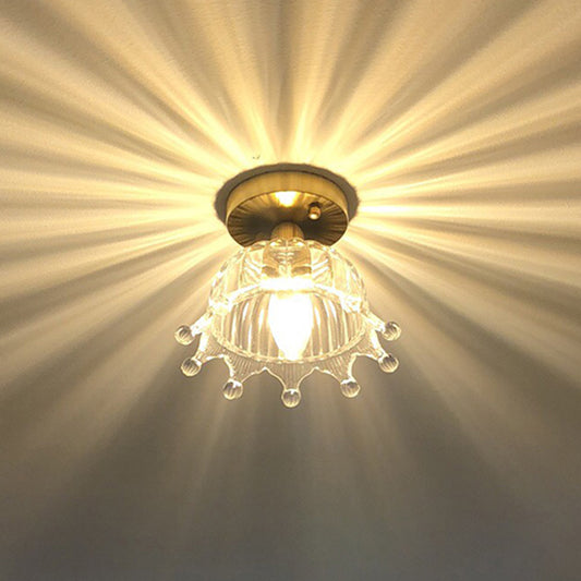 Crown Shape 1 Light Brass Ceiling Light with Clear Stripes Glass Shade Contemporary Style Aisle Lighting Fixture Brass Clearhalo 'Ceiling Lights' 'Close To Ceiling Lights' 'Close to ceiling' 'Glass shade' 'Glass' 'Semi-flushmount' Lighting' 2562562