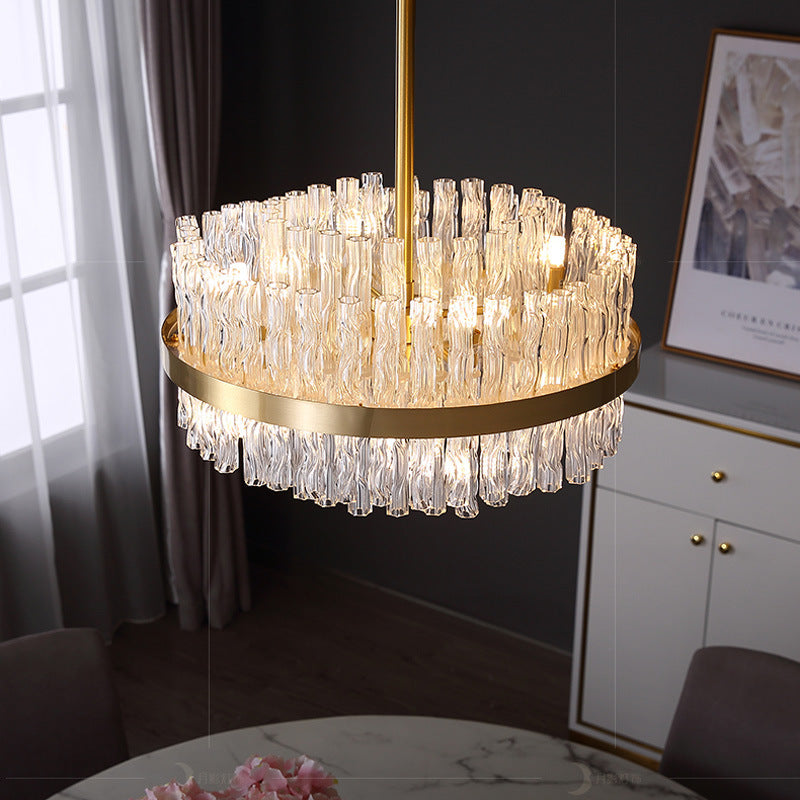 Drum Chandelier Lamp Postmodern Fluted Crystal 8 Lights Gold Hanging Light Fixture Clearhalo 'Ceiling Lights' 'Chandeliers' 'Modern Chandeliers' 'Modern' Lighting' 256264