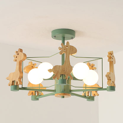 Wood Cartoon Giraffe Ceiling Light 5-lights Semi Flush Mount Light with Iron Frame Shade for Children Room Kindergarten Green Star Clearhalo 'Ceiling Lights' 'Close To Ceiling Lights' 'Close to ceiling' 'Semi-flushmount' Lighting' 2562642