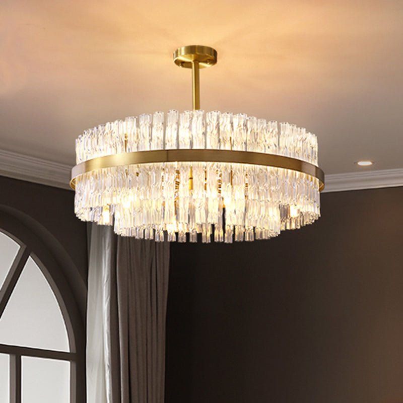 Drum Chandelier Lamp Postmodern Fluted Crystal 8 Lights Gold Hanging Light Fixture Gold Clearhalo 'Ceiling Lights' 'Chandeliers' 'Modern Chandeliers' 'Modern' Lighting' 256265