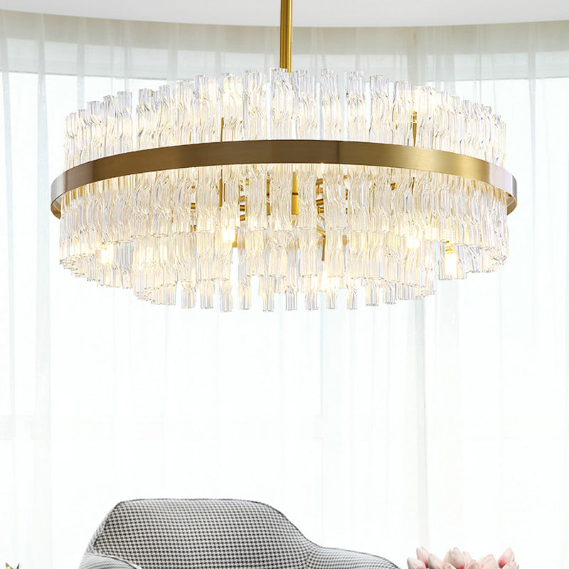 Drum Chandelier Lamp Postmodern Fluted Crystal 8 Lights Gold Hanging Light Fixture Clearhalo 'Ceiling Lights' 'Chandeliers' 'Modern Chandeliers' 'Modern' Lighting' 256266