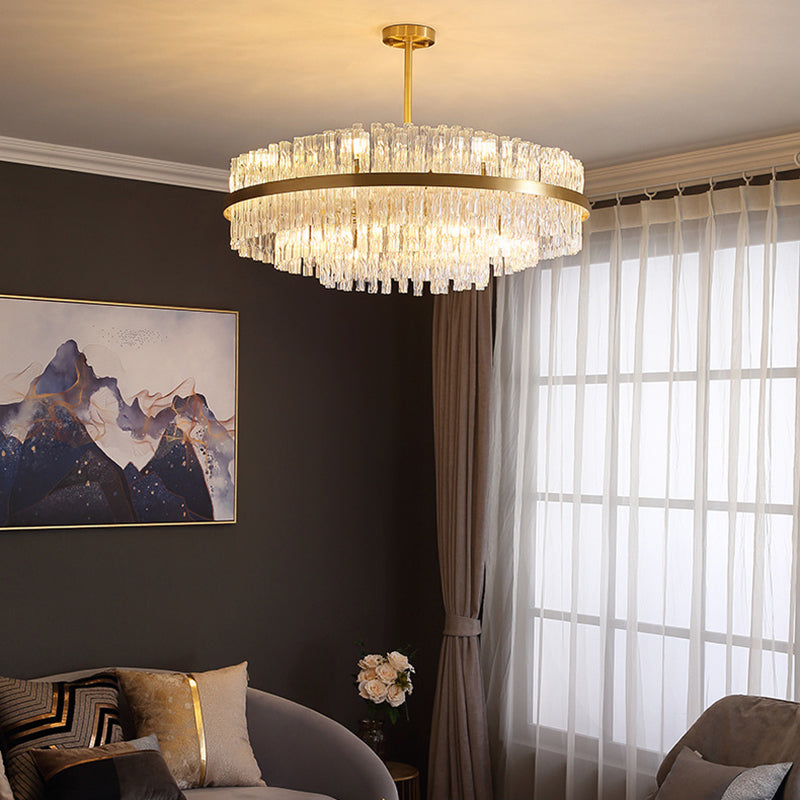 Drum Chandelier Lamp Postmodern Fluted Crystal 8 Lights Gold Hanging Light Fixture Clearhalo 'Ceiling Lights' 'Chandeliers' 'Modern Chandeliers' 'Modern' Lighting' 256267