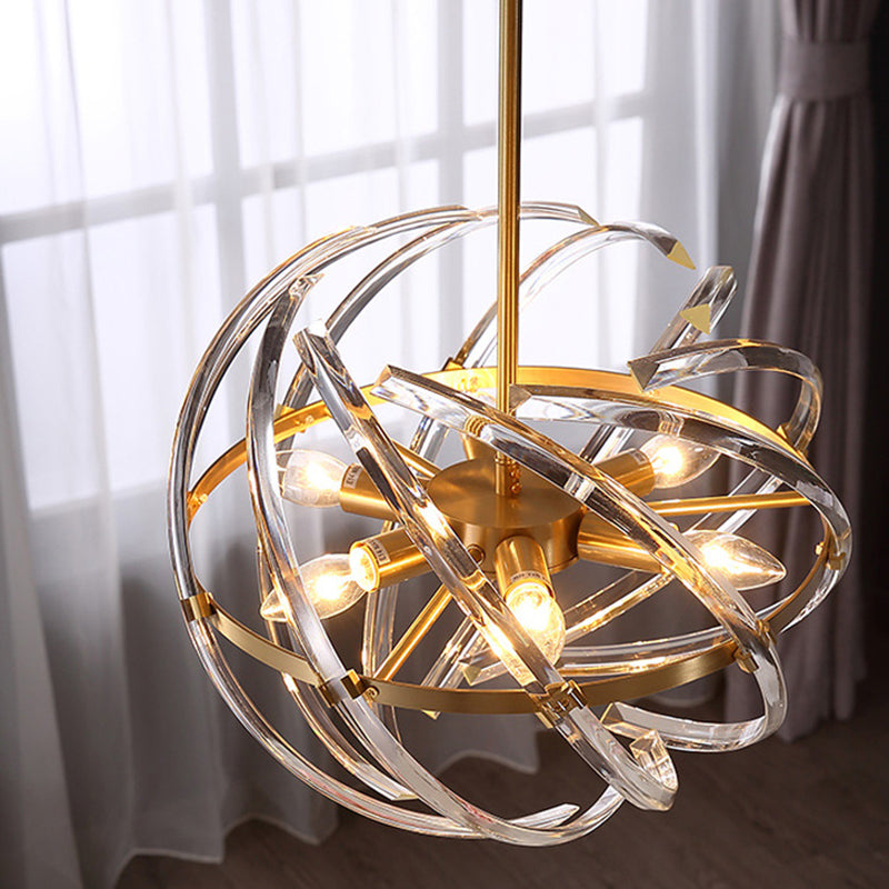 6 Heads Bedroom Chandelier Lamp Postmodern Gold Hanging Light with Orbit Curved Crystal Rod Shade Clearhalo 'Ceiling Lights' 'Chandeliers' 'Modern Chandeliers' 'Modern' Lighting' 256270