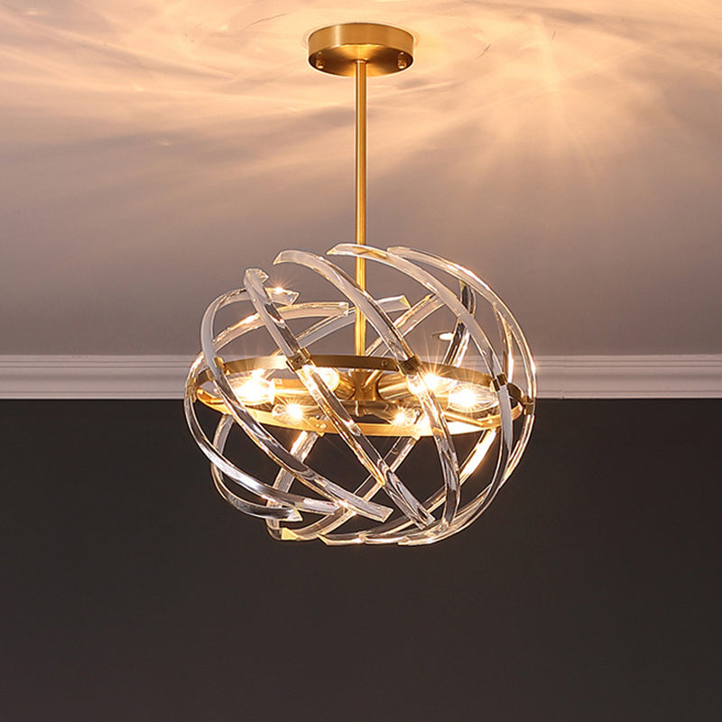 6 Heads Bedroom Chandelier Lamp Postmodern Gold Hanging Light with Orbit Curved Crystal Rod Shade Gold Clearhalo 'Ceiling Lights' 'Chandeliers' 'Modern Chandeliers' 'Modern' Lighting' 256271