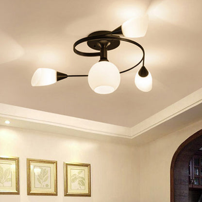 Ironwork Frosted Glass Ceiling Light Modern Style Semi Flush Mount Light with White Shade for Living Room Restaurant 4 Black Clearhalo 'Ceiling Lights' 'Close To Ceiling Lights' 'Close to ceiling' 'Semi-flushmount' Lighting' 2562721