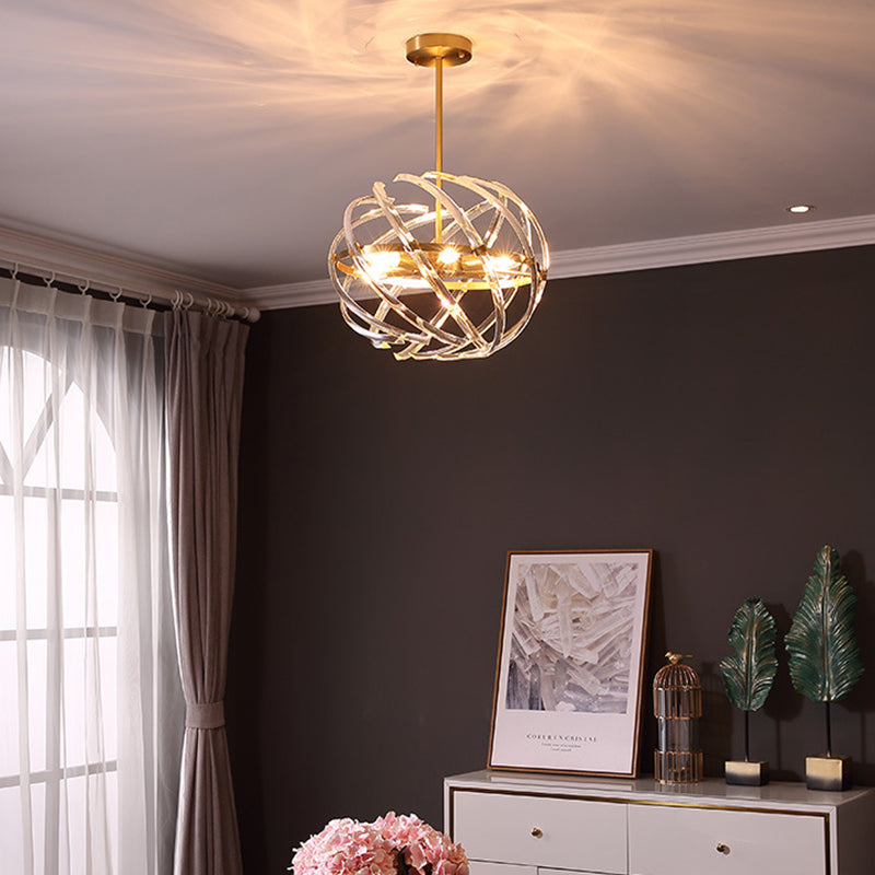 6 Heads Bedroom Chandelier Lamp Postmodern Gold Hanging Light with Orbit Curved Crystal Rod Shade Clearhalo 'Ceiling Lights' 'Chandeliers' 'Modern Chandeliers' 'Modern' Lighting' 256273