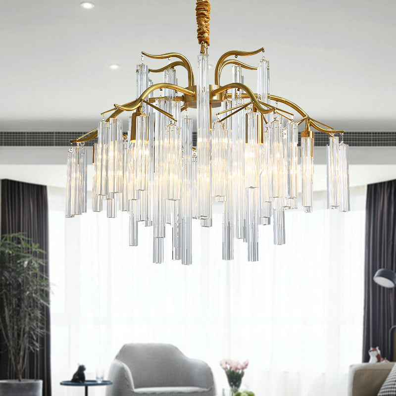 Gold Curved Arm Chandelier Light Postmodern 7 Heads Tri-Sided Crystal Rod Hanging Light Fixture Clearhalo 'Ceiling Lights' 'Chandeliers' 'Modern Chandeliers' 'Modern' Lighting' 256276